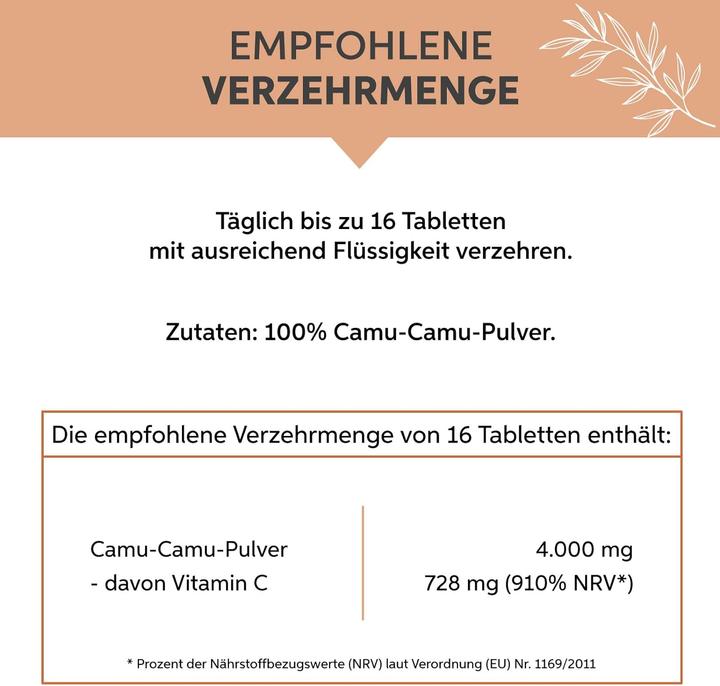 Valeurs nutritives et ingrédients Eltabia Camu Camu en comprimés | 250mg Tabs vitamine C naturelle qualité crudité (1000 pièce(s), Cachets)