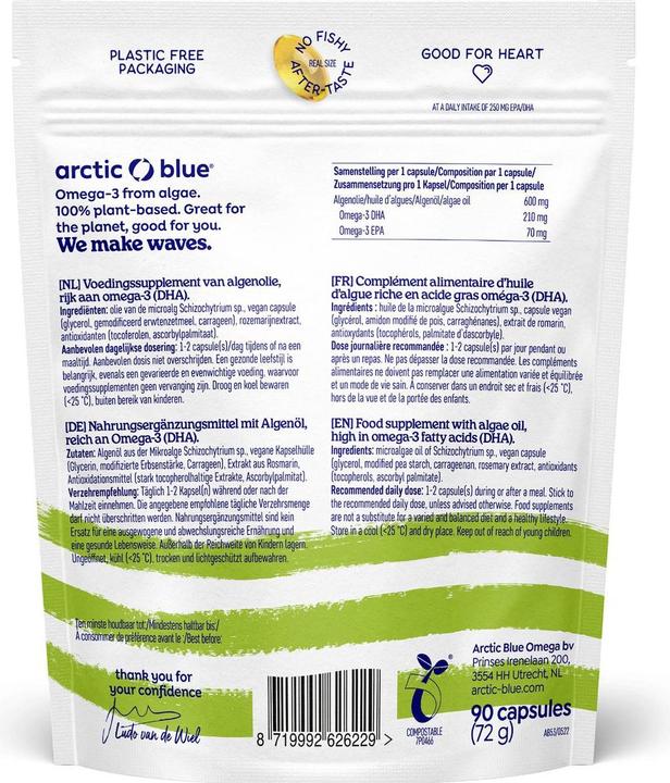 Nutritional values and ingredients Arctic Blue Omega 3 Algae Oil with DHA & EPA Capsules (90 Piece, Capsules, 75 g)