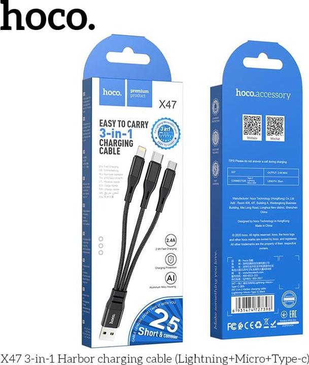 Produktbild Hoco X47 3-in-1 Harbor charging cable(iP+Micro+Type-C), 25cm, schwarz (0.25 m, USB 3.2 Gen 1)