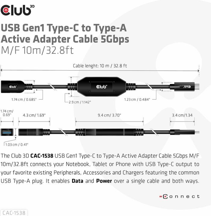 Produktbild Club 3D Club3D Kabel USB 3.2 Typ C <> USB Typ A St/Bu (10 m, USB 3.2 Gen 1)