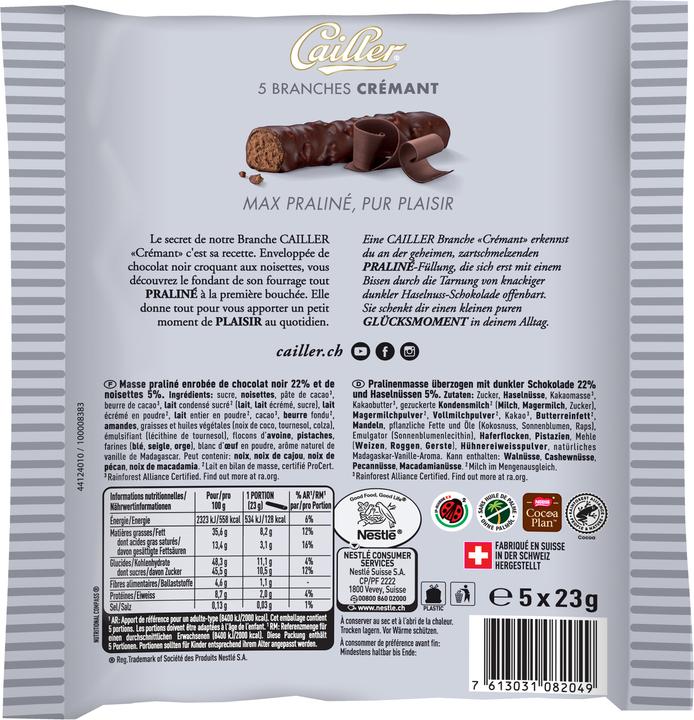 Produktbild Cailler Branches Schokoladenriegel Crémant S 5 Stücke (115 g)