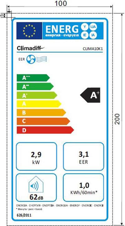 Label énergétique Climadiff Clima10K1 (29 m², 10000 BTU/h)