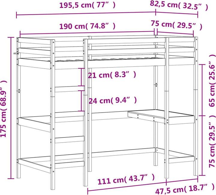 Image du produit VidaXL Lit superposé avec bureau (75 x 190 cm)