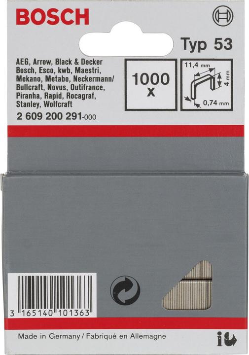 Produktbild Bosch Professional Zubehör Feindrahtklammer Typ 53, 11,4 x 0,74 x 4 mm, 1000er-Pack