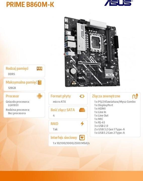 Actual product image ASUS PRIME B860M-K (LGA 1851, Intel B860, mATX)
