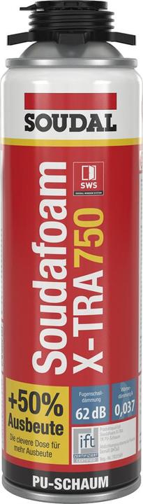 Produktbild Soudal 1K Montageschaum Soudafoam Gun X-tra 750 B2 Pistolenschaum grau 500 ml (500 ml)
