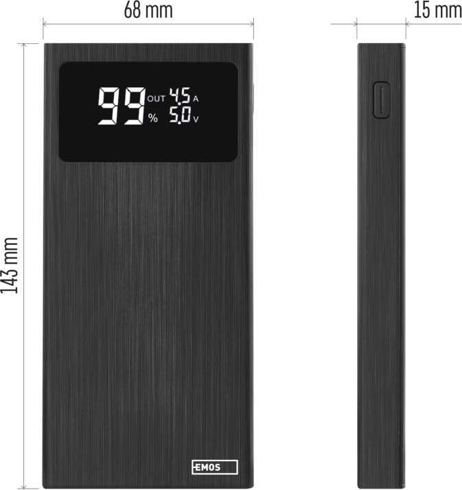 Produktbild Emos Powerbank BetaQ 10, 10 000 mAh, 22,5 W, schwarz (10000 mAh, 22.50 W, 37 Wh)