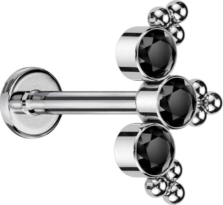 Star Piercing Micro Threadless Labret silber dreiecks Kugeln drei Kristalle schwarz (ohne Messing, Titan G23)