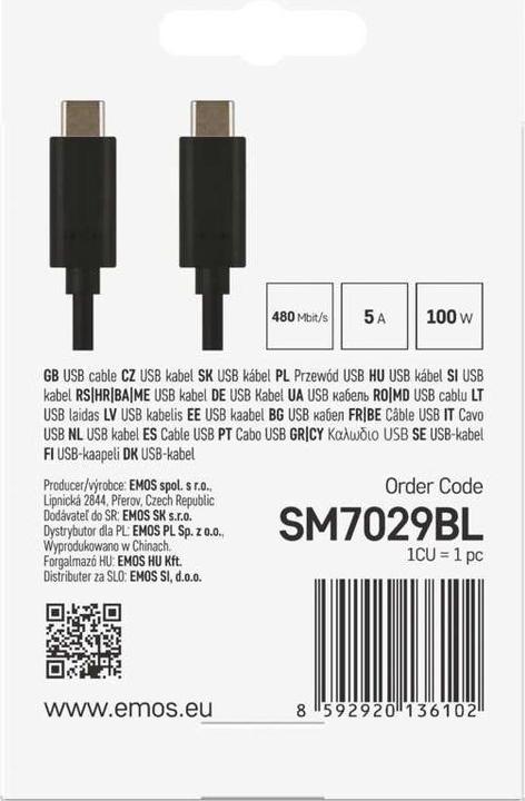 Produktbild Emos USB Kabel 2.0 C Stecker - USB C Stecker 2m, schwarz (2 m, USB 2.0, 100 W)