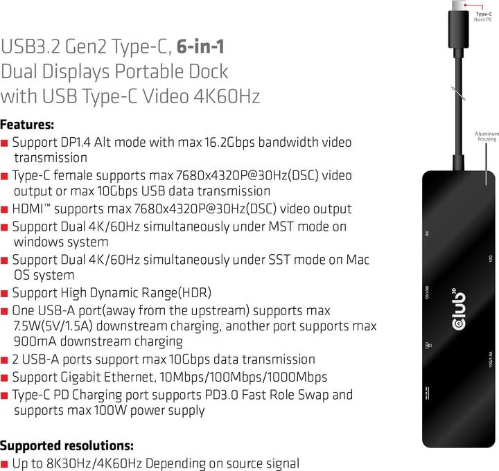 Productafbeelding Club 3D Club3D USB-C Dock > HDMI/USB-C(8K)/2xUSB/USB-C(PD100W)/RJ45 detailhandel (USB-C, 6 Havens)