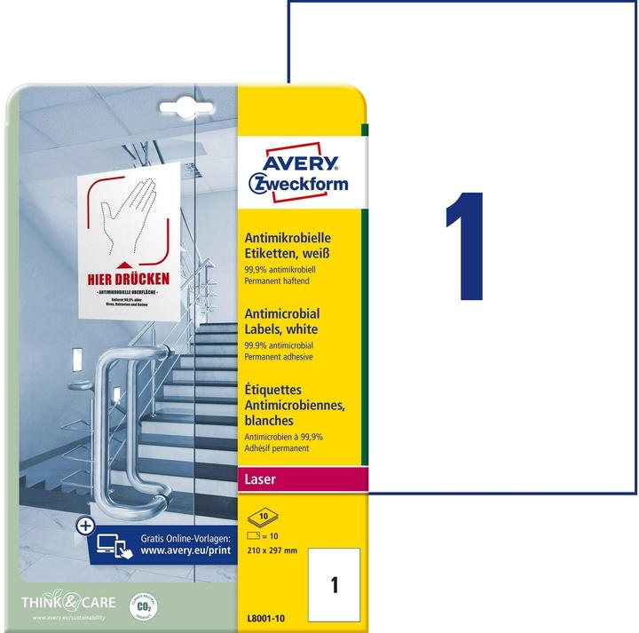 Image du produit Avery AVZ L8001-10 Étiquettes antimicrobiennes 210x297mm blanc