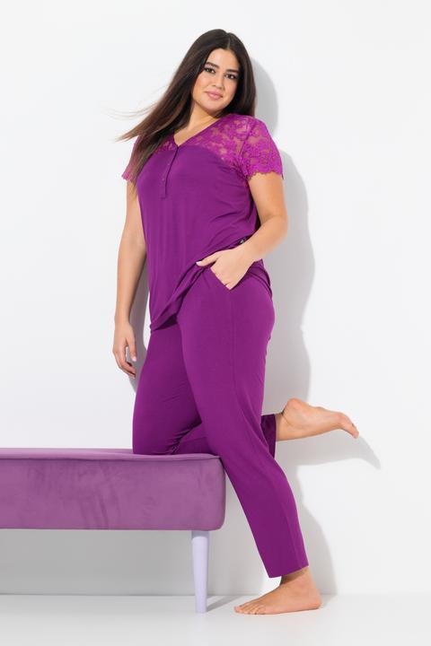 Produktbild Ulla Popken Pyjama, Spitze, V-Ausschnitt, Spitzen-Halbarm (62)