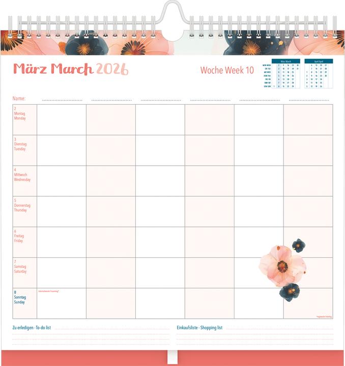 Produktbild Alpha Edition Familien Wochenkalender Flowers 2026 - Familien-Timer - Termin-Planer - Kinder-Kalender - (30.5 x 30.5 cm, Englisch, Deutsch)