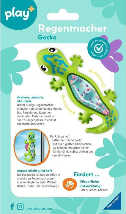 Produktbild Ravensburger 4870 play+ Regenmacher: Gecko, Musikinstrument, Mini-Rassel, Saugnapf-Spielzeug