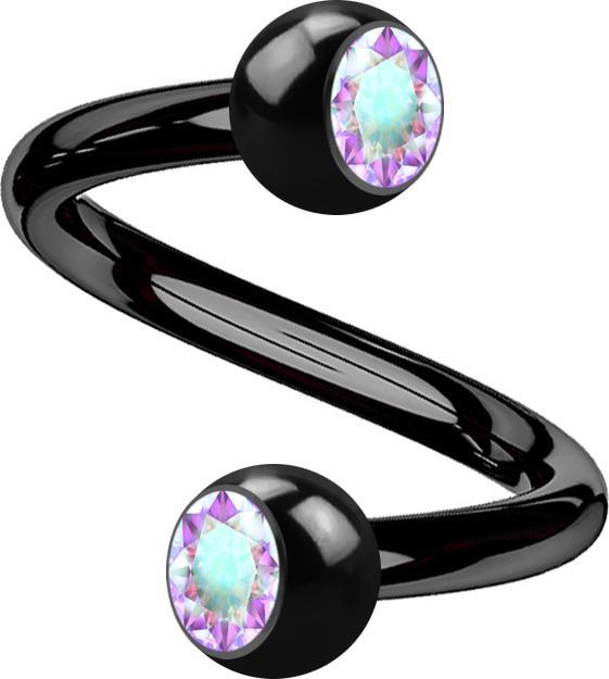 Star Piercing Micro Spirale schwarz mit zwei Kugeln Kristall multicolor (Titan G23, ohne Messing)