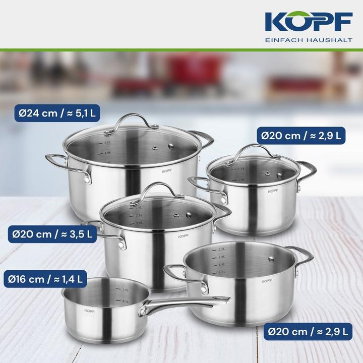 Produktbild Kopf Topfset Induktion Clara 8-teilig | Kochtopf-Set für alle Herdarten | Literskala | Edelstahl (Kochtopf, Edelstahl)
