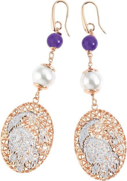Ottaviani Bronze earrings with silver glitter, agate and bijoux pearls