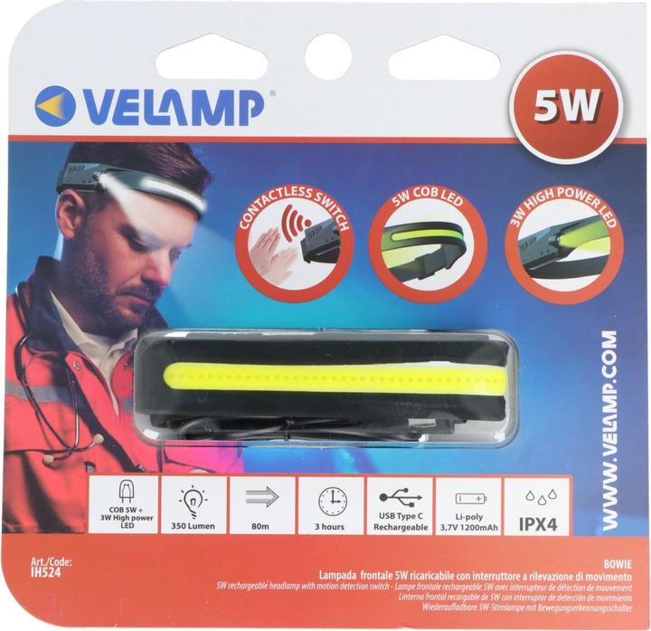 Immagine prodotto Velamp BOWIE, 2in1 wiederaufladbare LED-Stirnlampe mit Bewegungssensor (150 lm)