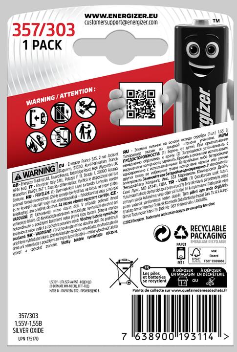 Image du produit Energizer Oxydes d'argent 357/303 (1 pcs, SR44, 150 mAh)