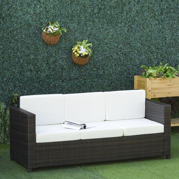 Produktbild Swisshandel24 Poly-Rattan Sofa mit Kissen 3-Sitzer Garten Loungesofa Metall Polyester Braun+Weiss 185 x 70 x 80 cm