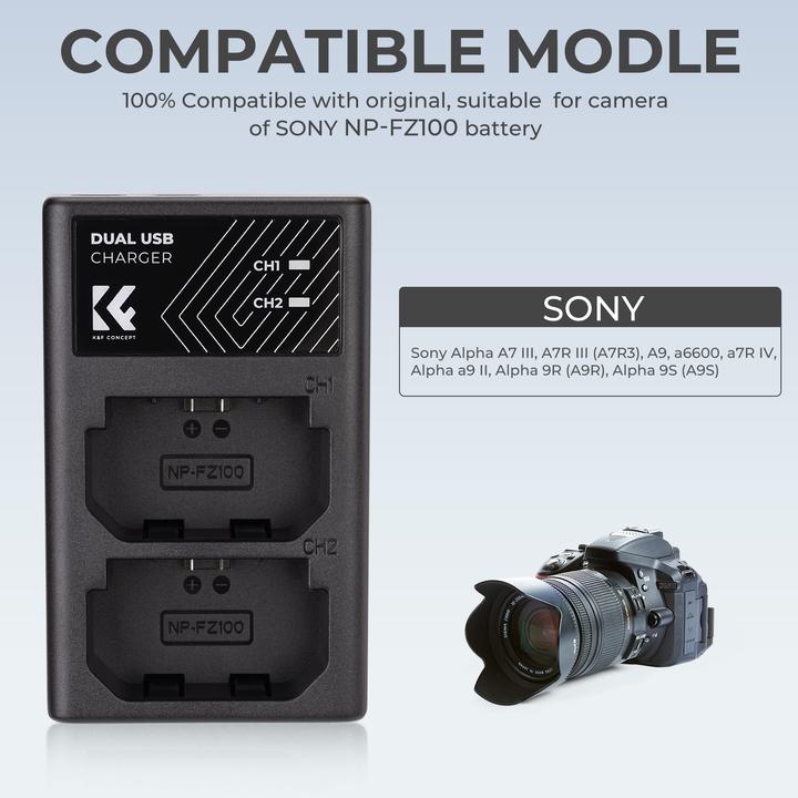 Actual product image K&F Concept FZ100 Digital Camera LED Dual Channel Charger with Type C Charging Cable (Camera battery charger)