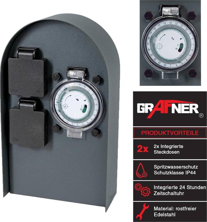 Actual product image Grafner Stainless Steel Socket Pillar with Timer 2 Outdoor Sockets Anthracite Garden Socket