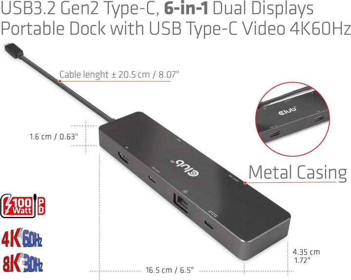Productafbeelding Club 3D Club3D USB-C Dock > HDMI/USB-C(8K)/2xUSB/USB-C(PD100W)/RJ45 detailhandel (USB-C, 6 Havens)