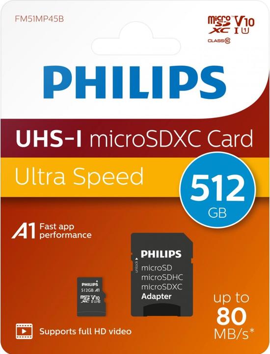 Actual product image Philips MicroSDXC Card 512GB Class 10 UHS-I U1 incl. adapter (512 GB, microSDXC, U1, UHS-I)