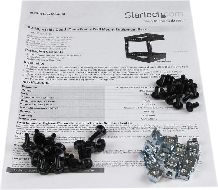 Actual product image StarTech 8U 19 Inch Open Frame Wall Mountable Equipment Rack - 30cm Deep - Steel Wall Mount Rack (8 RU, 19 inch rack)