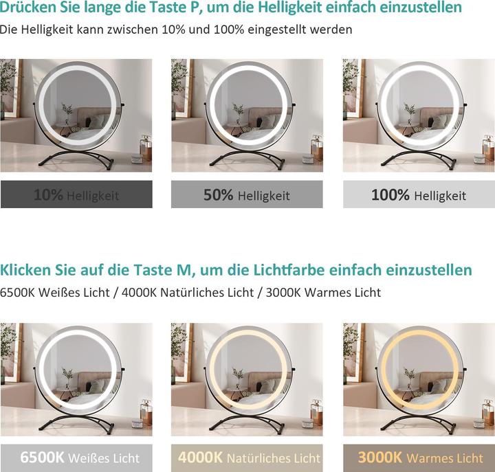 Produktbild Emke Kosmetikspiegel Runder mit Beleuchtung, 3 Farbtemperatur und Dimmbar, 360° Drehbar, 50cm, Schwarz