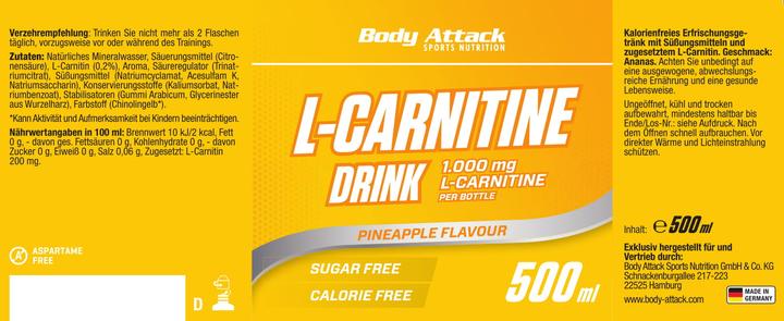 Nutritional values and ingredients Body Attack L-Carnitine Drink (18x 500 ml) (Pineapple, 18 x)