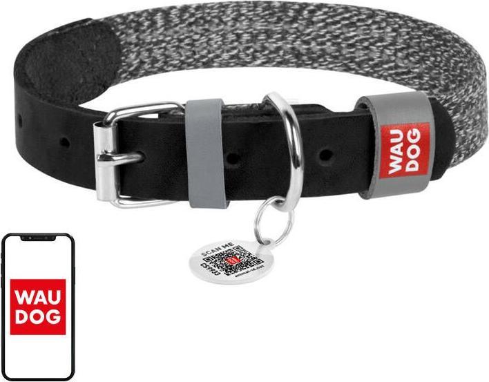 Actual product image Waudog Dog collar made of natural leather and recycled material with QR code size M, width 20 mm, bl (M, Dog, General)