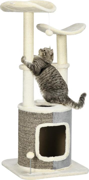 Actual product image PawHut Scratching post with cat cave, two platforms, plush cover, cream white, 48x48x110cm (110 cm, Cream white)