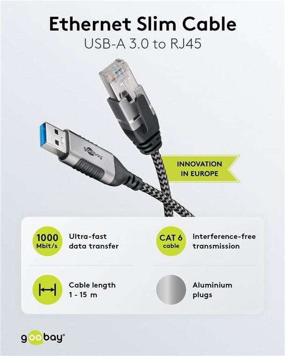 Produktbild Goobay Ethernet-Kabel USB-A 3.0 auf RJ45, Slim, 7,5 m (USB 3.0, RJ45 (1x))