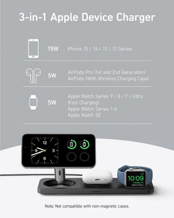 Actual product image Anker Stacja magnetyczna pozioma MagGo 15W 3-in-1 Czarna (25 W)