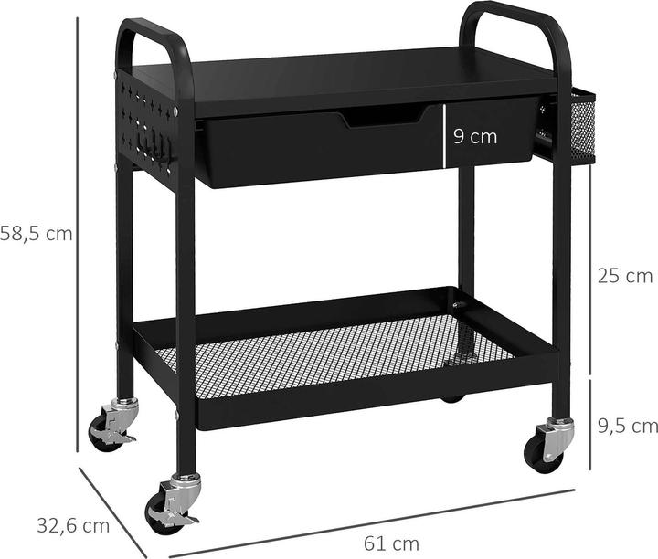 Image du produit Homcom Chariot avec tiroir, 2 étagères et 4 roulettes