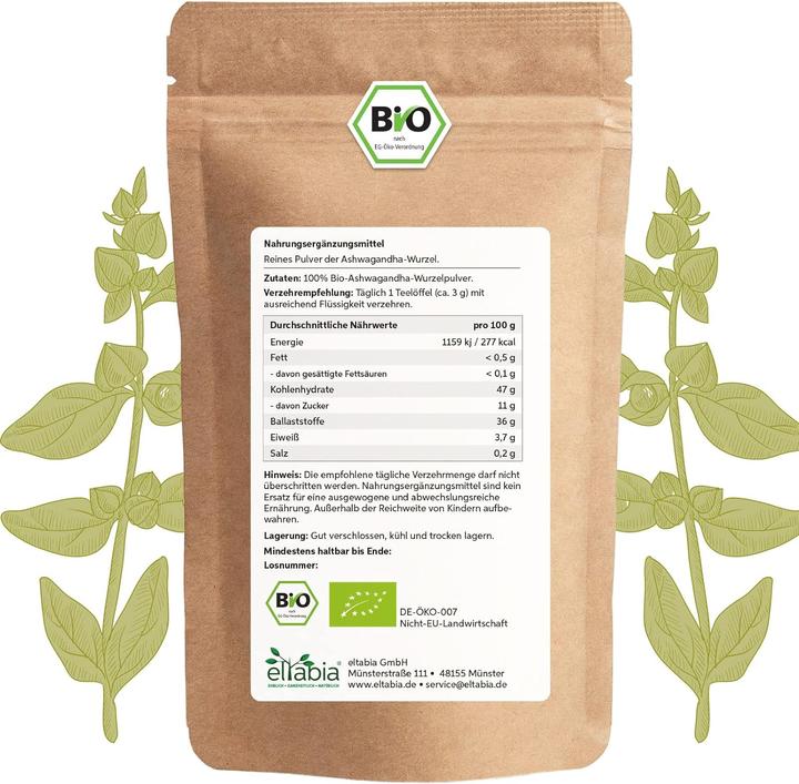 Image du produit Eltabia Poudre d'ashwagandha bio | Ginseng indien de qualité crudité et végétalien (Capsules, 100 g)