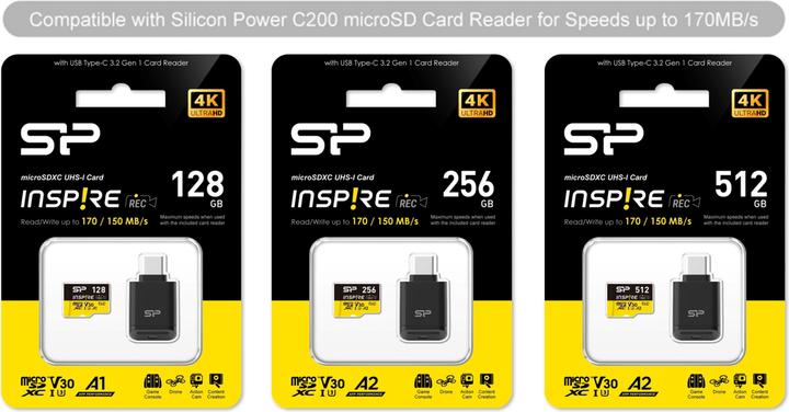 Immagine prodotto Silicon Power Schede di memoria Inspire 256GB, DDR200, W/A, CL10, V30, A2, TF SDXC UHS-IU3 (256 GB, microSDXC, U3, UHS-I)