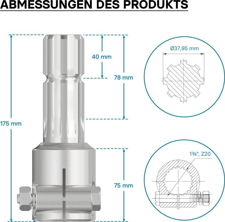 Immagine prodotto Wiltec Albero cardanico 175 mm boccola supporto albero scanalato 1 3/4" Z20 per albero di uscita 8-32x38x6 (Accessori per trattori)