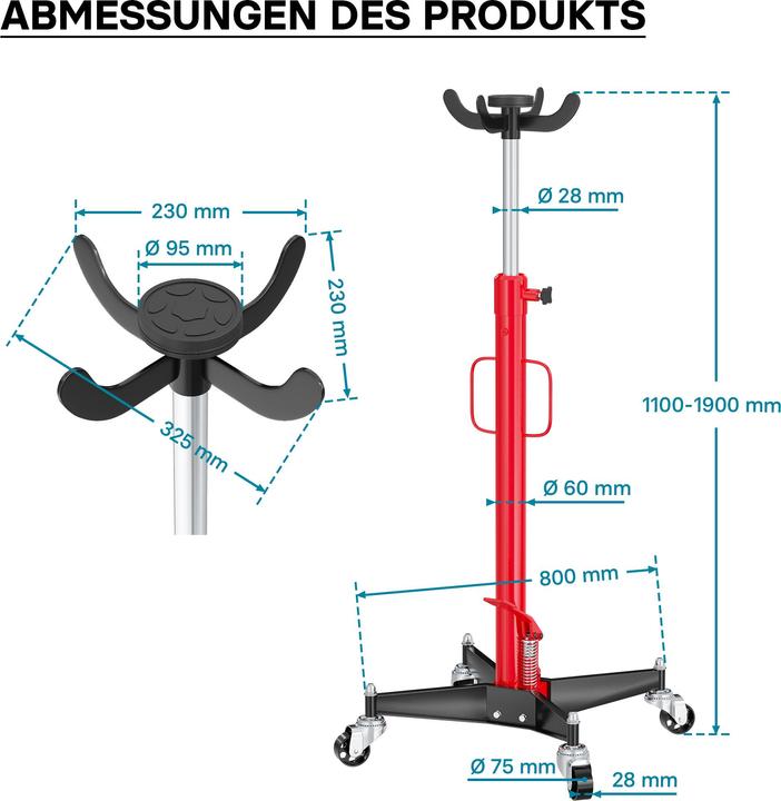 Produktbild Wiltec Getriebeheber mobil hydraulisch 500kg 110-190cm Rollen Aufnahmekralle Lkw