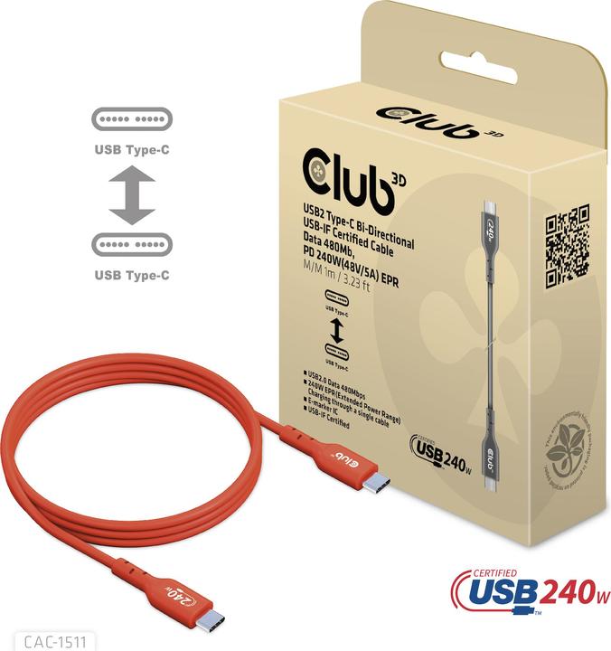 Image du produit Club 3D Club3D Câble USB 2 Type C PD 240W / 480Mb 4m St/St retail (4 m, USB 2.0)