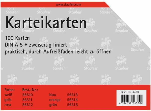 Staufen Indexkaarten A5/100 wit gelinieerd (A5, 180 g/m², 100 x)