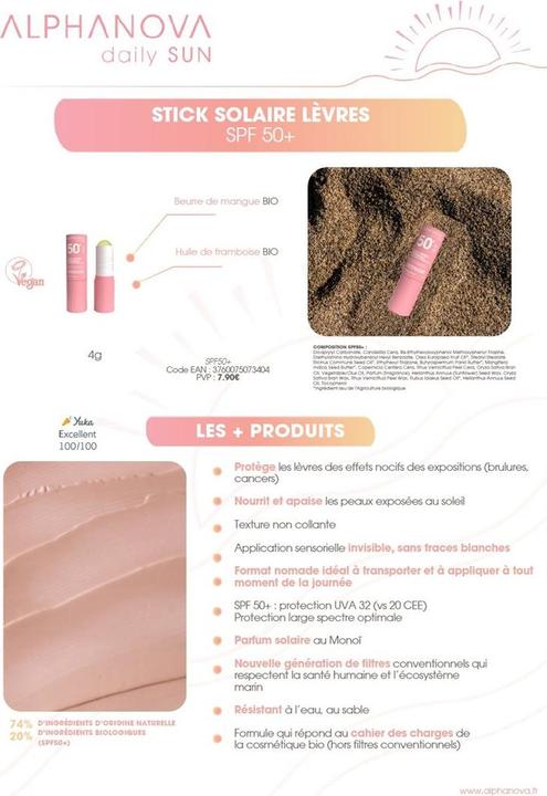 Actual product image Alphanova daily SUN stick lèvres SPF50 très haute protection