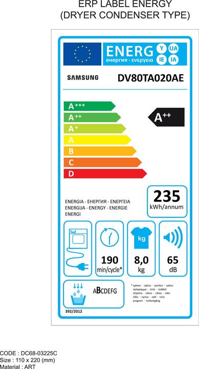 Energy Label Samsung DV80TA020AE/WS DV5000 (8 kg, Changeable, Right)