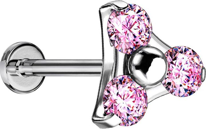 Star Piercing Micro Threadless Labret silber Dreieck drei Kristalle pink (ohne Messing, Titan G23)