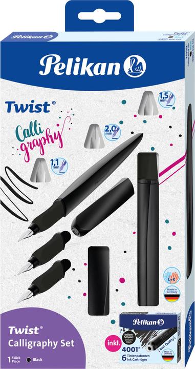 Pelikan Twist® Calligraphy Füller für Rechts- und Linkshänder, Black, Feder 1,1mm, 1,5mm und 2,0mm (Schwarz, 1 x)