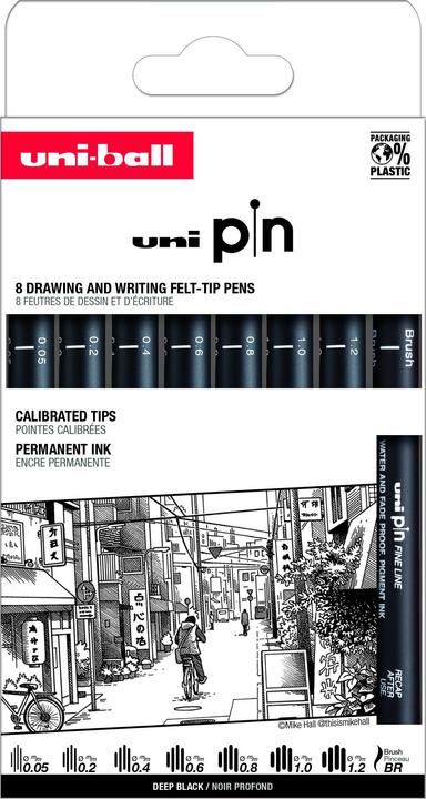 Actual product image Uni-ball Uni - UNI PIN SETX8 Classic - Black - 0.05 to 1.2mm and a brush tip (Black, 8 x)