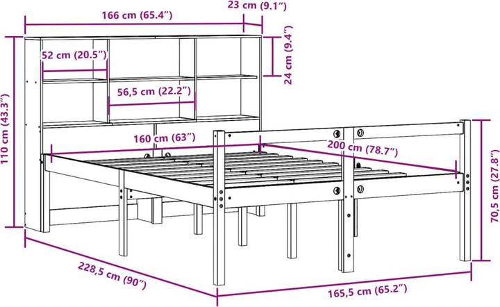 Produktbild VidaXL Massivholzbett Holzbett Bett Doppelbett mit Regal ohne Matratze 160x200cm (160 x 200 cm)
