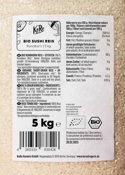 Valeurs nutritives et ingrédients KoRo Riz bio à grains ronds (5000 g)