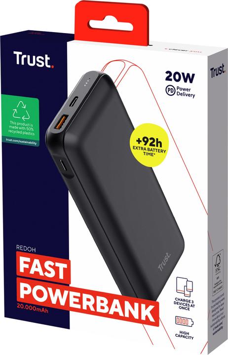 Immagine prodotto Trust Redoh - Powerbank - 20.000 mAh - USB A/USB C - Carica rapida - Zwart (20000 mAh, 18 W, 74 Wh)